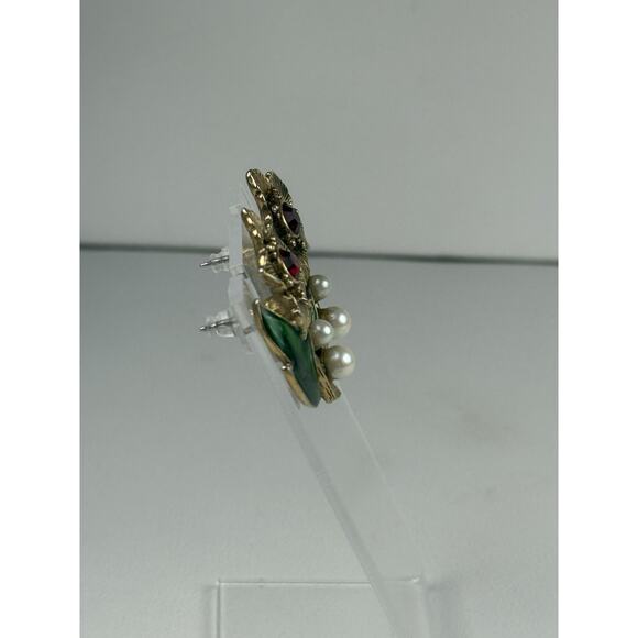 Avon Vintage Brooch & Pierced Earring Set Rich Christmas Faux Pearl Red Green - Picture 8 of 11
